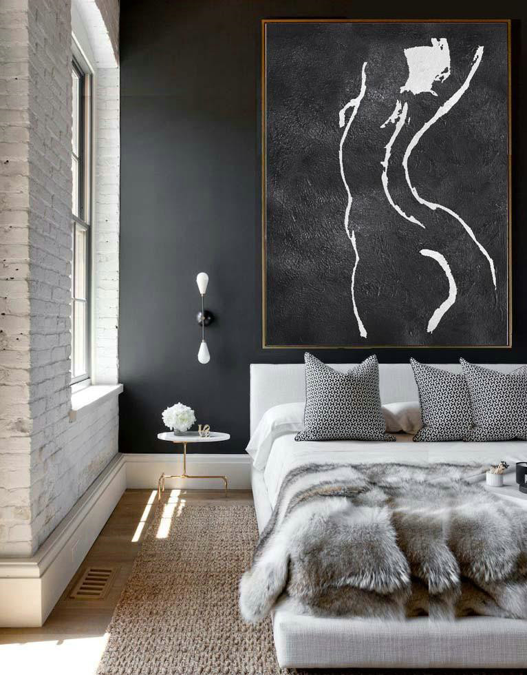 Extra Large Painting,Black And White Minimal Painting On Canvas - Large Paintings For Living Room